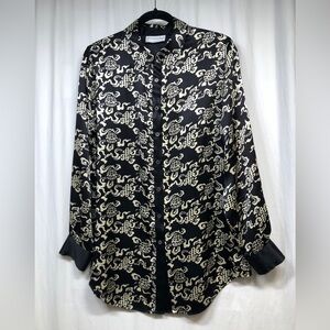 Soft Surroundings 100% Silk Black Cream Asian Print Button Up Shirt Large